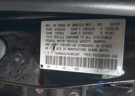 2007 Honda Accord 3.0 Se из США, поврежденный, VIN 1HGCM66427A080387